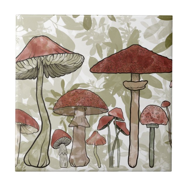 Green and Red Mushrooms Ceramic Tile (Front)