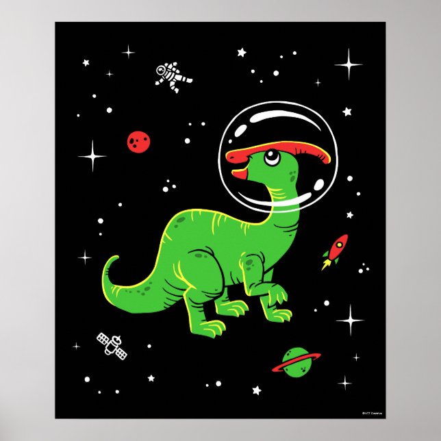 Green And Red Parasaurolophus Dinos In Space Poster (Front)