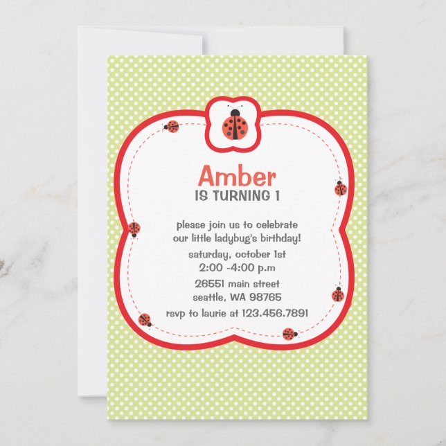 Green and red polka dots birthday party invitation (Front)