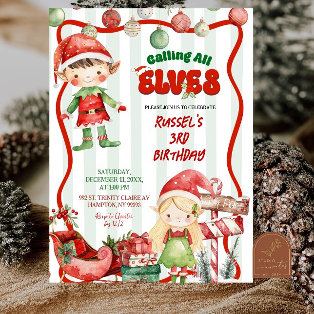 Green and Red Retro Calling All Elves Birthday Invitation (Creator Uploaded)