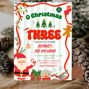 Green and Red Retro O Christmas Three Birthday Invitation