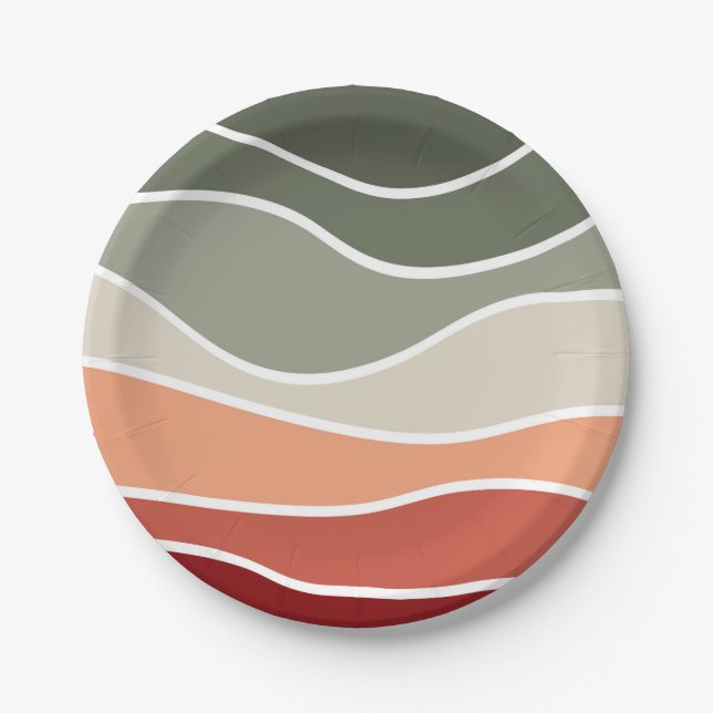 Green and red retro style waves design paper plate (Front)