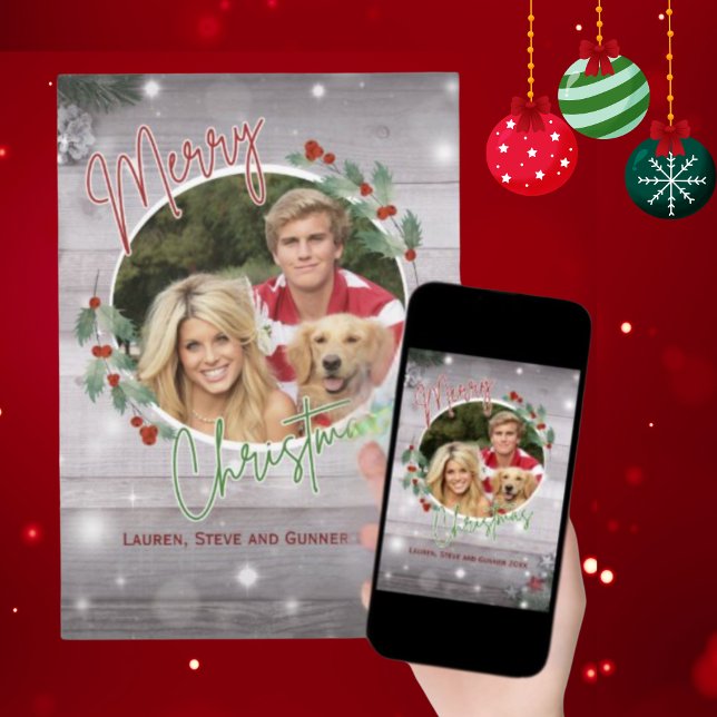 Green and Red Rustic Christmas Photo Greeting Card (Creator Uploaded)