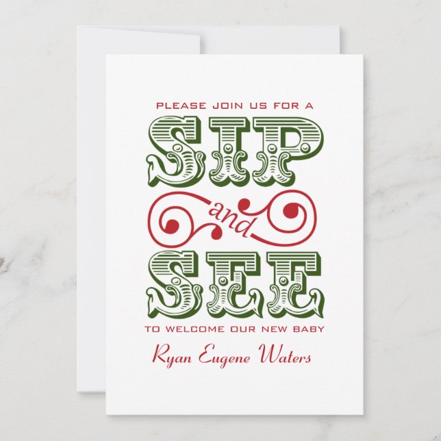 Green And Red Sip And See Visit Our New Baby Invitation (Front)