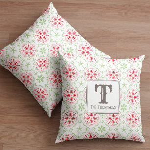 Green and Red Snowflake Holiday Pattern Cushion