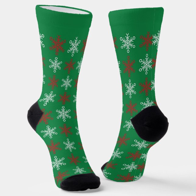 Green and Red Snowflakes Christmas Socks with Name (Angled)