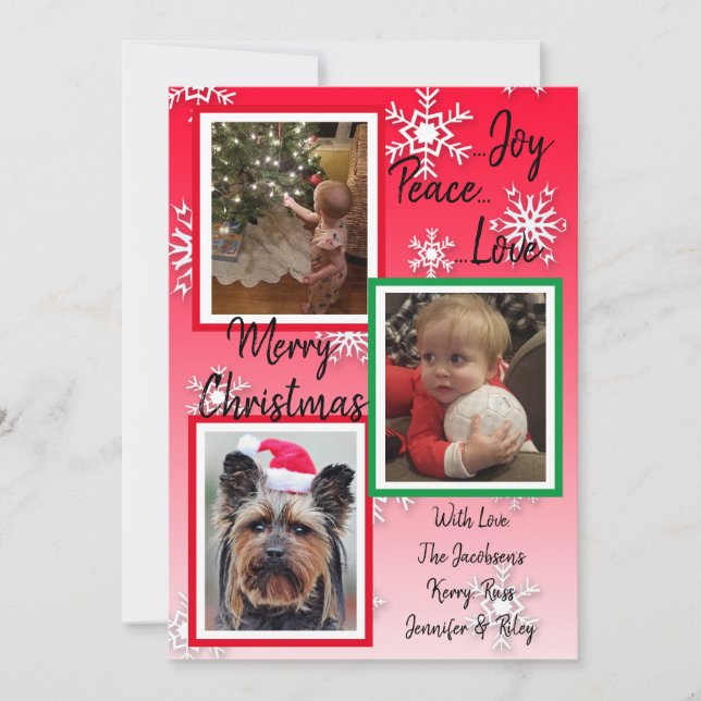 Green and Red Snowflakes Family Photos Christmas Invitation (Front)