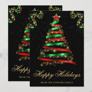 Green and Red Sparkly Ribbon Tree Christmas Holiday Card