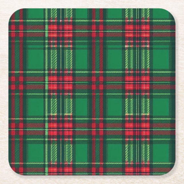 Green and red squares square paper coaster (Front)