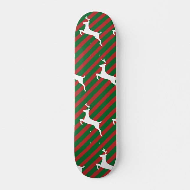Green and Red Stripe White Deer Pattern Christmas Skateboard (Front)