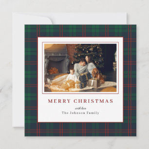 Green and Red Tartan border Square Photo Christmas Holiday Card