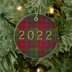 Green and red, tartan ceramic ornament