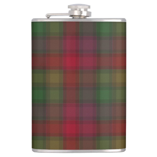 Green and red, tartan hip flask (Front)