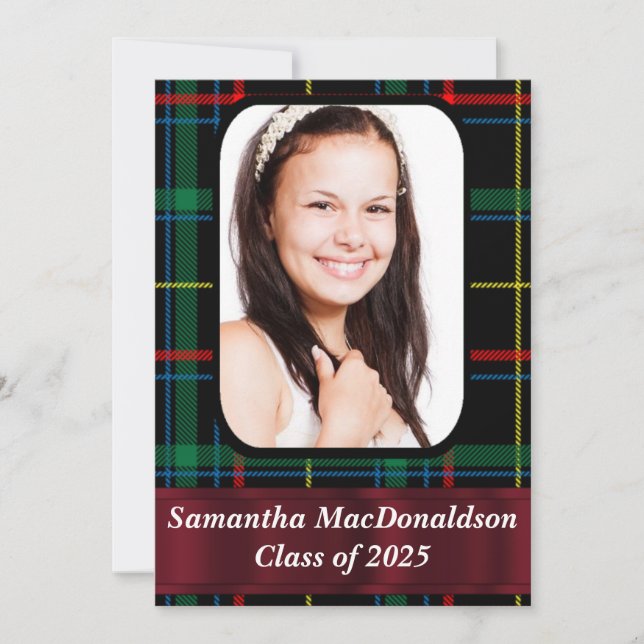 Green and red  tartan photo graduation invitation (Front)