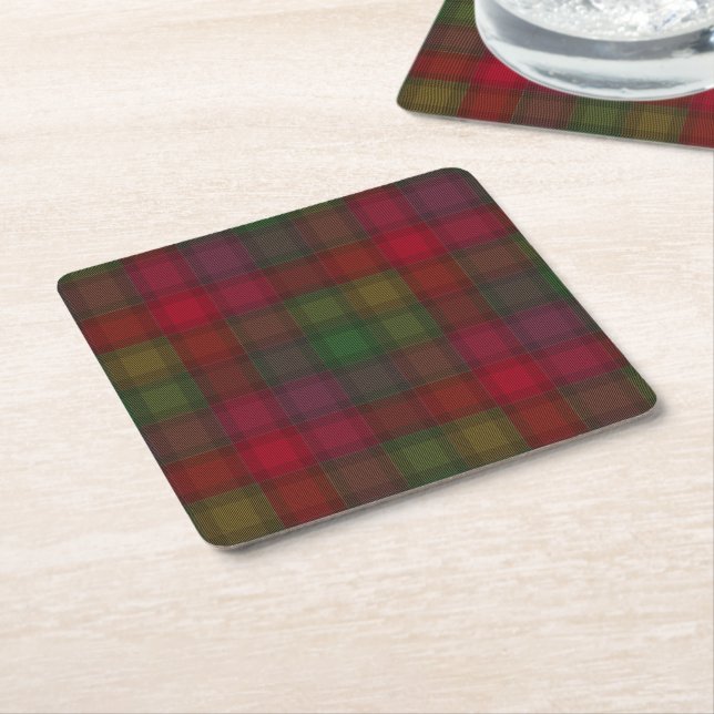 Green and red, tartan square paper coaster (Angled)