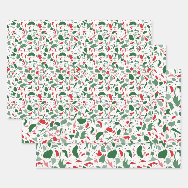 Green and Red Terrazzo Pattern Holiday Christmas Wrapping Paper Sheet (Set)