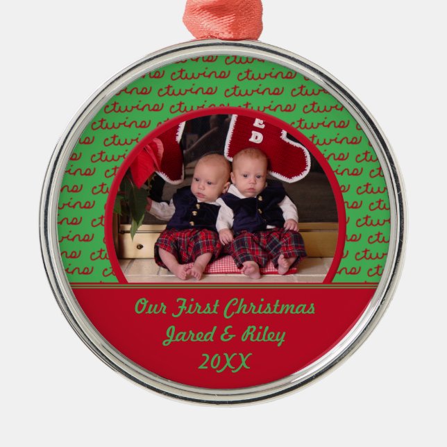 Green and Red Twins First Christmas Photo Ornament (Front)