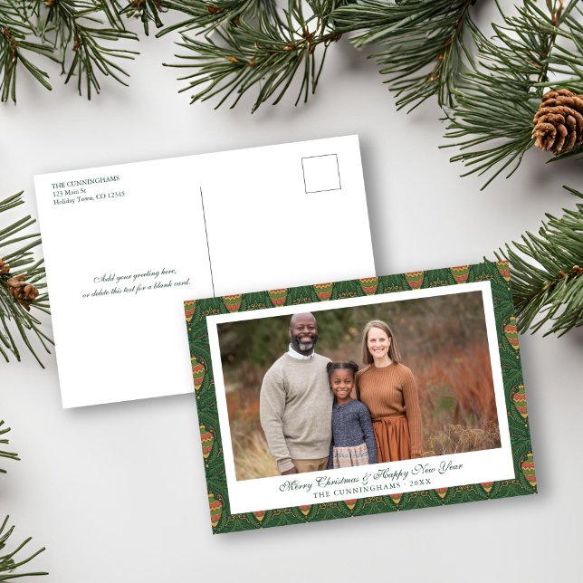 Green and Red Vintage Ornament Holiday Photo (Green and Red Vintage Ornament Holiday Photo Postcard)