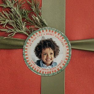 Green and Red Watercolor Happy Fringe Photo Classic Round Sticker