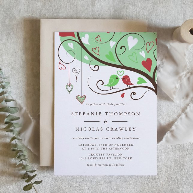 Green and Red Whimsical Lovebirds Wedding Invitation (Green and Red Lovebirds Wedding Invitation)