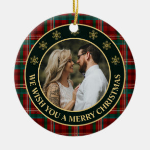 Green and Red Winter Plaid Family Photo Christmas Ceramic Ornament