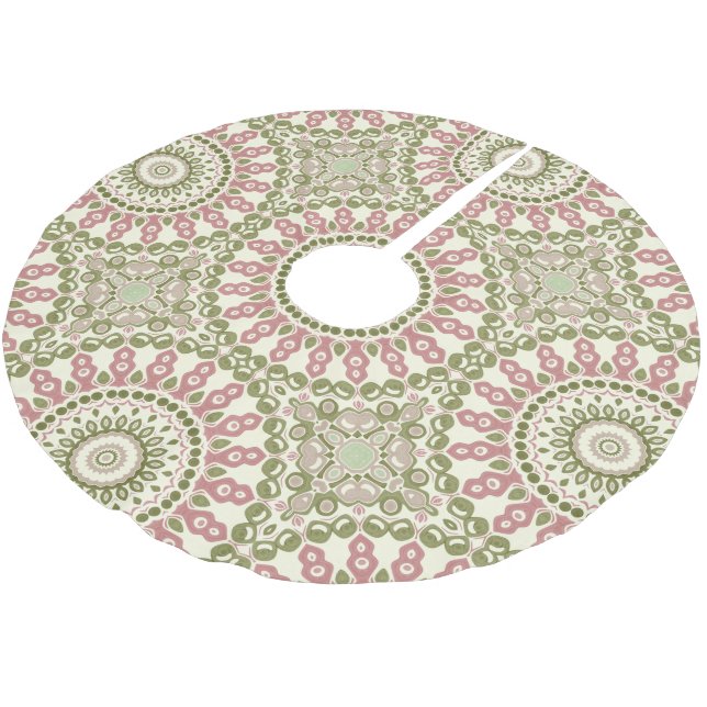 Green and Rose Mandala Vintage Bohemian Pattern Brushed Polyester Tree Skirt (Angled)