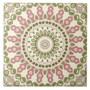 Green and Rose Mandala Vintage Bohemian Pattern Ceramic Tile