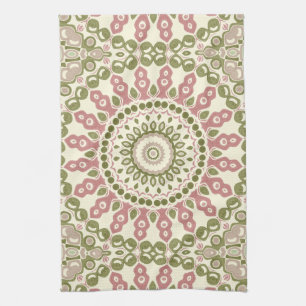 Green and Rose Mandala Vintage Bohemian Pattern Tea Towel