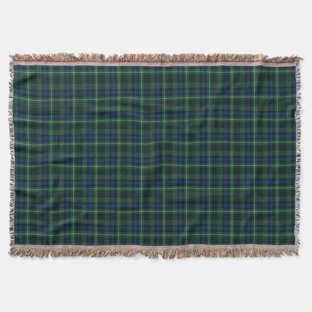 Green and Royal Blue Stewart Clan Hunting Plaid Throw Blanket (Front)