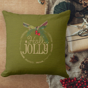 Green And Shimmering Gold Holly Jolly Christmas  Cushion