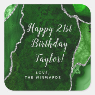 Green and Silver Agate Happy Birthday Square Sticker