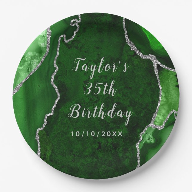 Green and Silver Agate Marble Birthday Paper Plate (Front)
