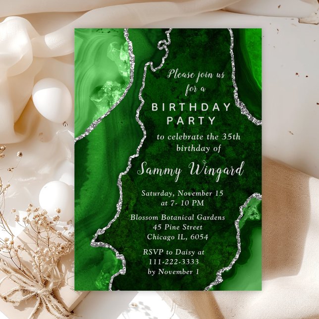 Green and Silver Agate Marble Birthday Party Invitation (Creator Uploaded)