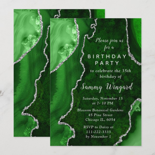 Green and Silver Agate Marble Birthday Party Invitation (Front/Back)