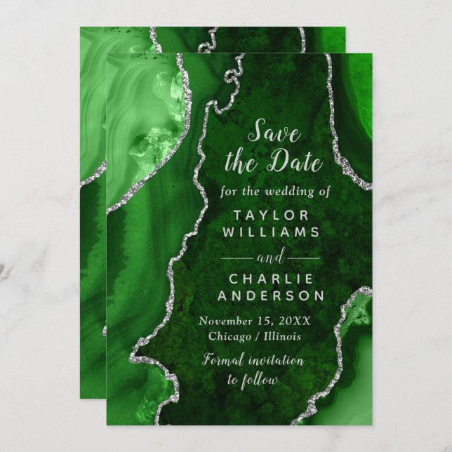 Green and Silver Agate Marble Save The Date Invitation (Front/Back)