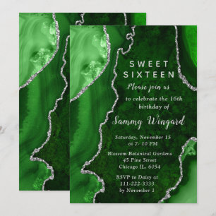 Green and Silver Agate Marble Sweet Sixteen Invitation