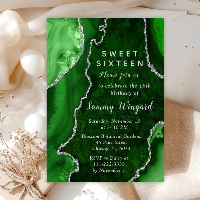 Green and Silver Agate Marble Sweet Sixteen Invitation (Creator Uploaded)