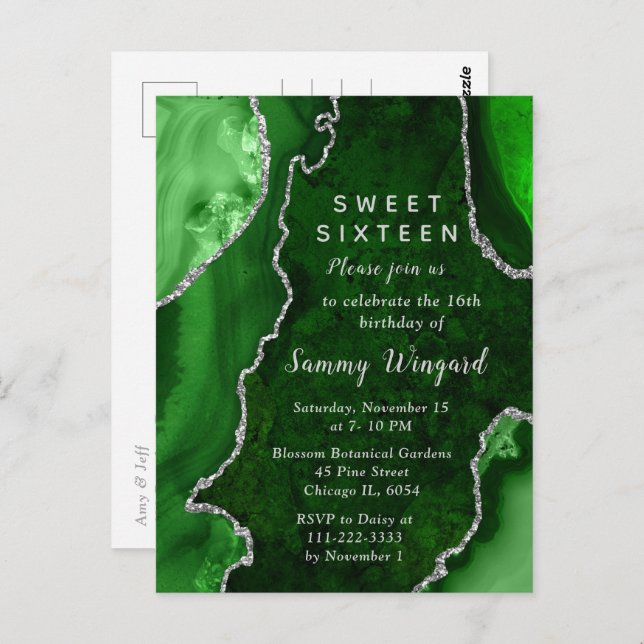 Green and Silver Agate Marble Sweet Sixteen Postcard (Front/Back)