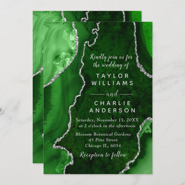 Green and Silver Agate Marble Wedding Invitation (Front/Back)
