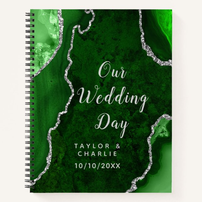 Green and Silver Agate Marble Wedding Notebook (Front)