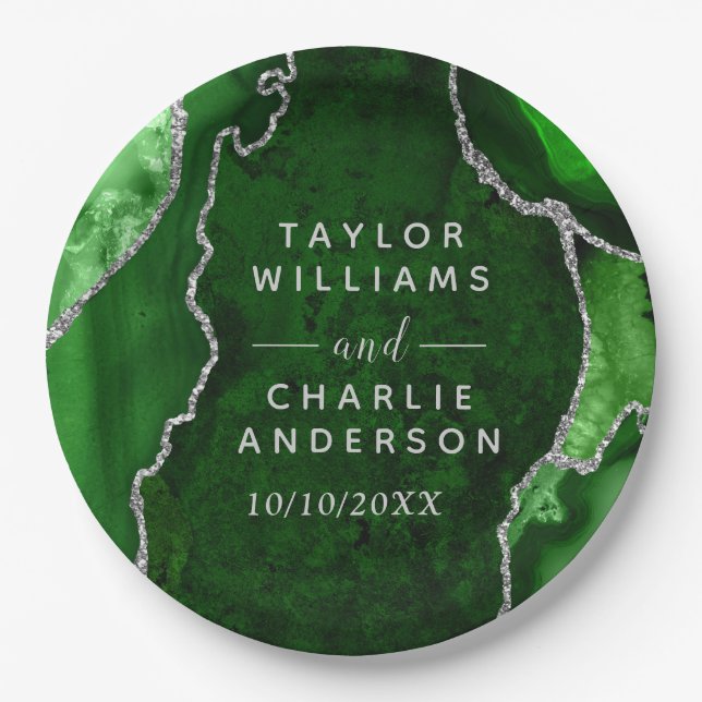 Green and Silver Agate Marble Wedding Paper Plate (Front)