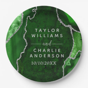 Green and Silver Agate Marble Wedding Paper Plate