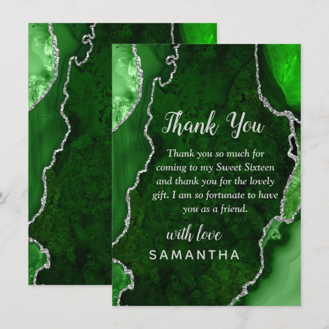 Green and Silver Agate Sweet Sixteen Thank You Card (Front/Back)