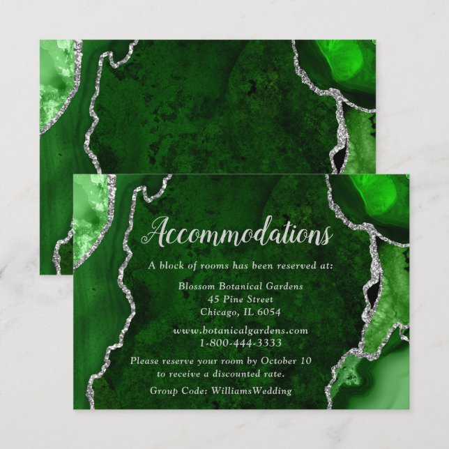 Green and Silver Agate Wedding Accommodations Enclosure Card (Front/Back)