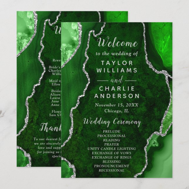 Green and Silver Agate Wedding Program (Front/Back)