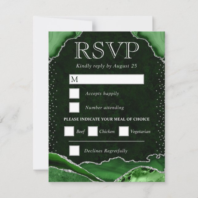 Green and Silver Agate Wedding RSVP Card (Front)