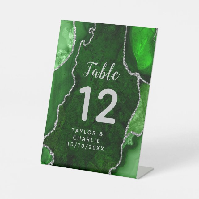 Green and Silver Agate Wedding Table Number Pedestal Sign (Front)