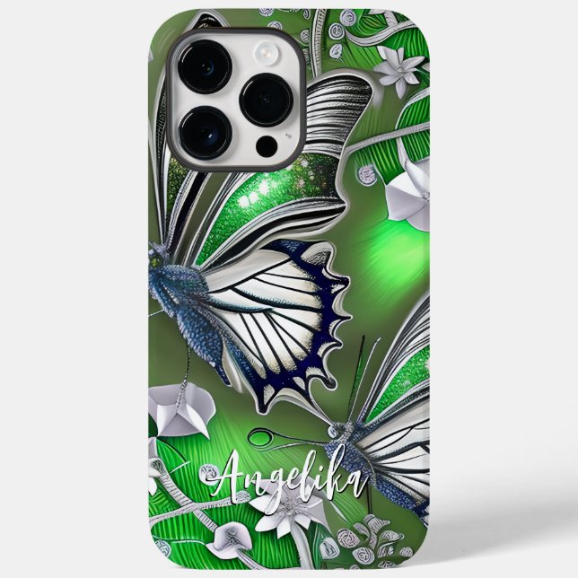 Green and Silver Butterflies Personalised Name Case-Mate iPhone Case (Back)