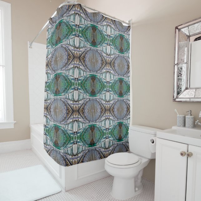 Green and silver eye-like medium pattern shower curtain (In Situ)