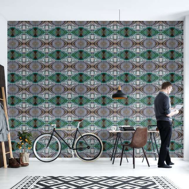 Green and silver eye-like pattern large wallpaper (Living Room)